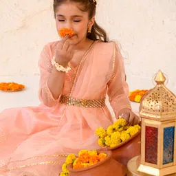 Pspeaches  Three Fourth Sleeves Floral Embroidered Gota Patti Detailed & Sheesha Lace Embellished Coordinating Sharara Set - Peach image 4