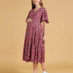 MomToBe Half Sleeves Floral Printed Maternity Dress With Concealed Zipper Nursing Access -  Wine Red image 5