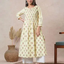 Kami Kubi Cream Cotton Floral Print Straight Kurta-image-48