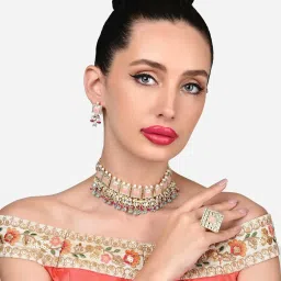 Zaveri Pearls Multicolor Stones Beads Choker Necklace Earring & Ring Set-ZPFK15869 image 4