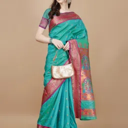 JUST FASHION Blue & Pink Zari Work Saree With Unstitched Blouse image 4