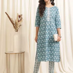 Rangita Blue & White Cotton Printed Kurta Pant Set image 4
