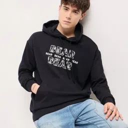 The Bear House Black Cotton Relaxed Fit Self Hooded Sweatshirt image 4