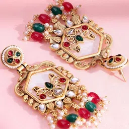 ADIVA 22K Gold-Plated Kundan Studded And Pearls Beaded Circular Shaped Drop Earrings image 2
