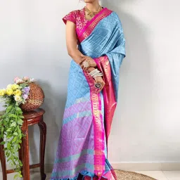 APNISHA Blue & Pink Woven Saree With Unstitched Blouse image 4