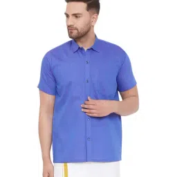 VASTRAMAY Blue Cotton Straight Fit Self Pattern Ethnic Shirt-picture-38
