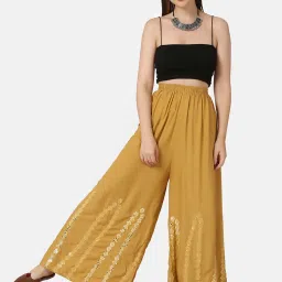 BUYNEWTREND Yellow Embroidered Palazzos image 4