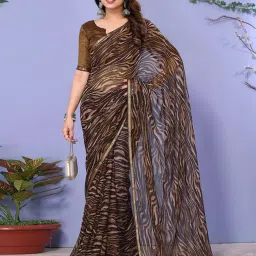 Satrani Brown Printed Saree With Unstitched Blouse image 4
