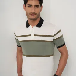 Peregrine By Pantaloons Bright White & Green Slim Fit Stripe Polo T-Shirt image 4