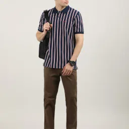 Dragon Hill Navy Cotton Slim Fit Striped Polo T-Shirt image 4