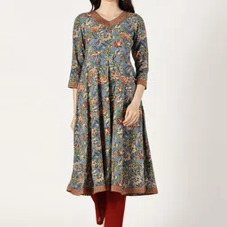 Saffron Threads Floral Printed V-Neck Brocade Lace Details A-Line Kurta-picture-22