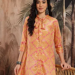 Sangria Geometric Printed Tie-Up Neck Satin-Finish A-Line Kurta with Trousers-image-89