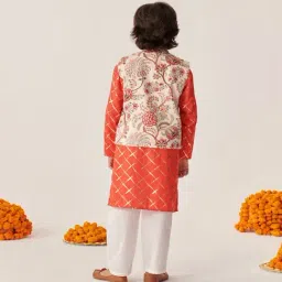 PSPeaches Kids Orange Boys Checked Printed Regular Kurta Pyjamas With Floral Printed Jacket image 2