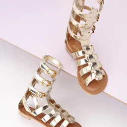 Pine Kids Gladiator Roman Zip Closure Sandals - Gold-image-80
