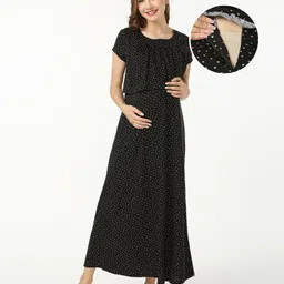 Bella Mama 100% Cotton Knit Half Sleeves Concealed Zipper Nursing Nighty Polka Dots Print - Black-picture-33