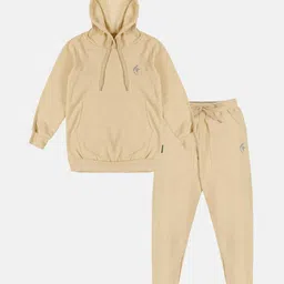 Kiddopanti Full Sleeves Brand Name Placement Printed Hooded Sweatshirt & Fleece Track Pant Set - Beige-picture-23