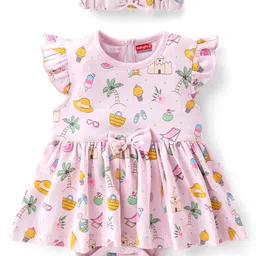 Babyhug 100% Cotton Single Jersey Knit Frill Sleeves Frock Style Onesie with Hairband Beach Theme - Pink-picture-12