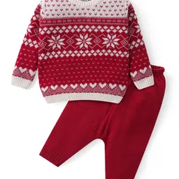 Babyhug Knitted Full Sleeves Pullover Sweater Set with Intarsia Design - Red-picture-15