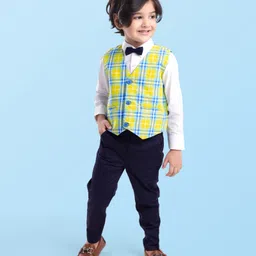 Babyhug Woven Full Sleeves Checkered 3 Piece Party Suit with Bow - Yellow-picture-37