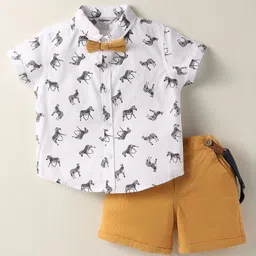 ToffyHouse Poplin Woven Half Sleeves Zebra Printed Shirt & Shorts With Bow & Suspender - White & Mustard-image-65