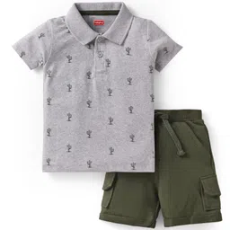 Babyhug Single Jersey Knit Half Sleeves Polo T-Shirt & Shorts Set with Cactus Print - Green-picture-16