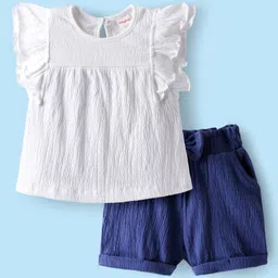 Babyhug Single Jersey Knit Frill Sleeves Solid Coloured Top & Short Set - White & Navy Blue-picture-12