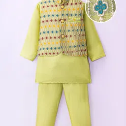 Ridokidz Full Sleeves Solid Kurta & Pyjama With Floral Embroidered Jacket Set - Parrot Green-picture-21
