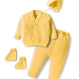 Babyhug Knitted Full Sleeves Front Open Solid Sweater Set With Cap & Mittens - Yellow-picture-11