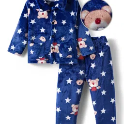Mark & Mia Full Sleeves Winter Wear Co-ords Night Suit With Star & Bear Print - Navy Blue-image-13