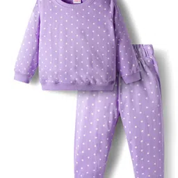 Babyhug Cotton Knit Full Sleeves Co-ords Night Suit With Polka Dot Print - Lavender-picture-17