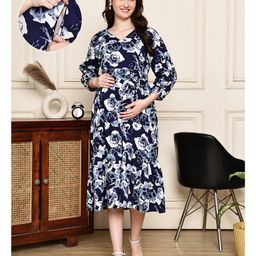 COLOR STUDIO Woven Three Fourth Sleeves Floral Printed Maternity Midi Dress With Nursing Access - Navy Blue-picture-9