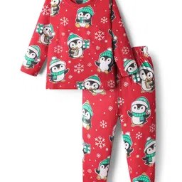 Babyhug Knit Full Sleeves Winter Wear Co-ords Night Suit With Penguin Print - Red-picture-12