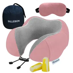 Billebon Neck Pillow Pink Memory Foam Filled Multi Contour Shape with Eye Mask , Travel Pouch-picture-19