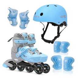 JASPO Sparkle 2.0 Adjustable Inline Skates Combo for Kids & Youth, ABEC-7 Bearings,Hard Boot, Aluminium Frame,70mm PU 82A Wheels Includes Safety Gear Blue/Grey, L (23 to 26 cms)-image-34