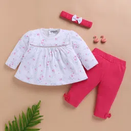 Wonderchild Full Sleeves Floral Printed Top & Pant Set With Headband - White & Rani-image-0