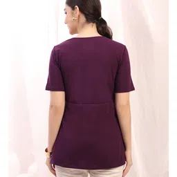 Zelena 95% Cotton 5% Elastane Woven Half Sleeves Solid Maternity Top With Side Concealed Zipper Nursing Access - Plum image 3