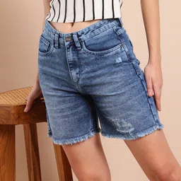 Mast & Harbour Women Slim Fit Mildly Distressed Light Fade Frayed Cotton Denim Shorts-picture-58