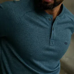 ANDAMEN Blue Melange Regular Fit Henley T-Shirt image 4