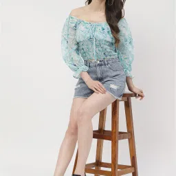 MADAME Light Blue Cotton Regular Fit Shorts image 4