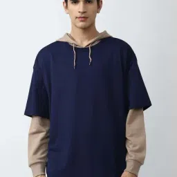 Forever 21 Navy & Beige Cotton Regular Fit Colour Block Sweatshirt-image-70