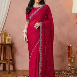 Satrani Pink Georgette Embellished Saree With Unstitched Blouse image 4