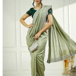 Satrani Green Silk Blend Embroidered Saree With Unstitched Blouse image 4