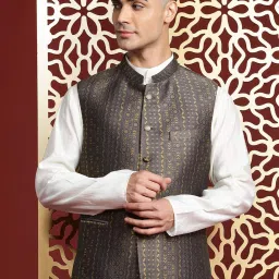 Manq Black Slim Fit Self Pattern Nehru Jacket image 4