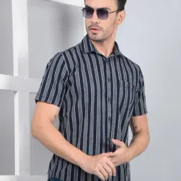 Crimsoune Club Navy Blue Cotton Slim Stripes Shirt-image-35