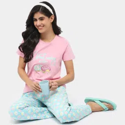 MADAME M Secret Pink & Blue Graphic Print T-Shirt With Pyjamas image 4