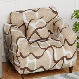 Aura Beige & White Printed Polyester 1 Piece Sofa Cover With Arms image 2