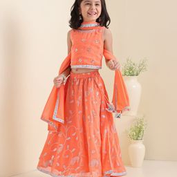 Babyhug Sleeveless Embroidered Choli Wth Embossed Print Lehenga and Dupatta Set - Coral-image-96