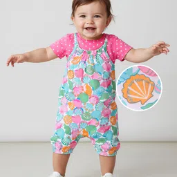 Babyhug Cotton Knit Dungaree and Half Sleeves T-Shirt Set with Polka Dot  Print - Multicolour-picture-26