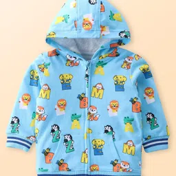 Babyhug Cotton Knit Full Sleeves Hooded Front Open Sweatjacket with Animal & TextPrint - Blue-picture-19