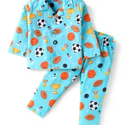 Babyhug Cotton Knit Full Sleeves Night Suit With Sports Theme Print - Light Blue-picture-24